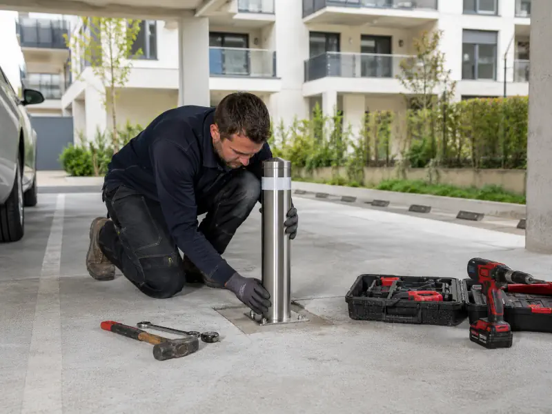 Installation d'une butée de protection sur un parking