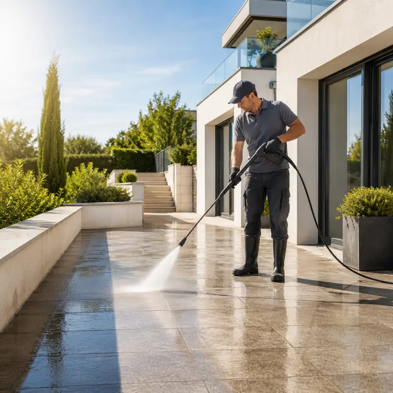 Nettoyage de terrasse avec lance haute pression
