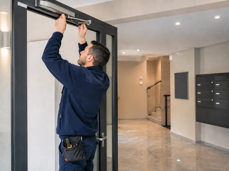 Réglage d'un ferme porte sur porte d'entrée de hall